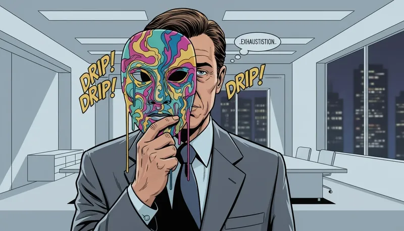 A person in a suit holding a colorful mask, illustrating the concept of the personal vs work self mbti struggle in a corporate setting. Filename: personal-vs-work-self-mbti-bestie-ai.webp