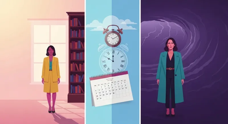 A conceptual illustration of a woman navigating the distinction between pmdd vs bipolar disorder through a cyclical and temporal lens, pmdd-vs-bipolar-disorder-bestie-ai.webp