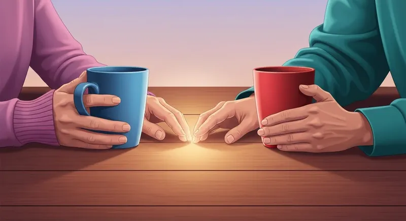 Two people navigating political differences in relationships symbolized by red and blue mugs on a table-bestie-ai.webp