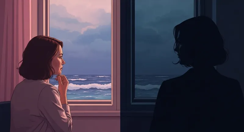 A woman experiencing premenstrual exacerbation of depression looks out at a symbolic stormy sea-bestie-ai.webp