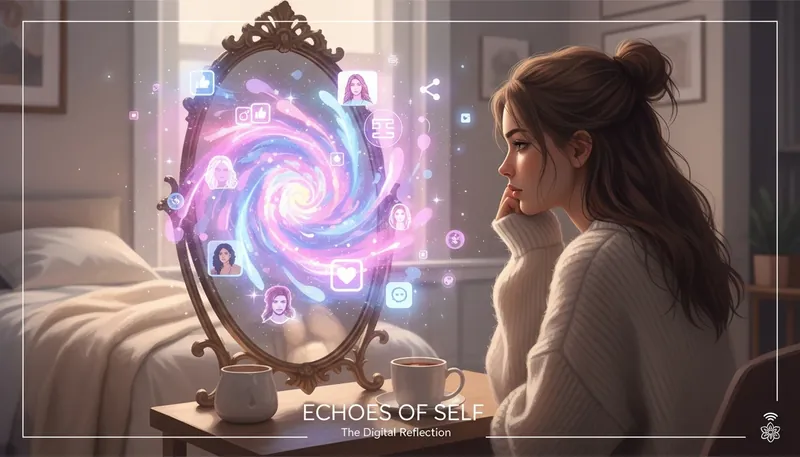 A woman reflecting on the psychology of celebrity relationship obsession, seeing famous faces in her own mirror, which represents a parasocial bond. Filename: psychology-of-celebrity-relationship-obsession-bestie-ai.webp
