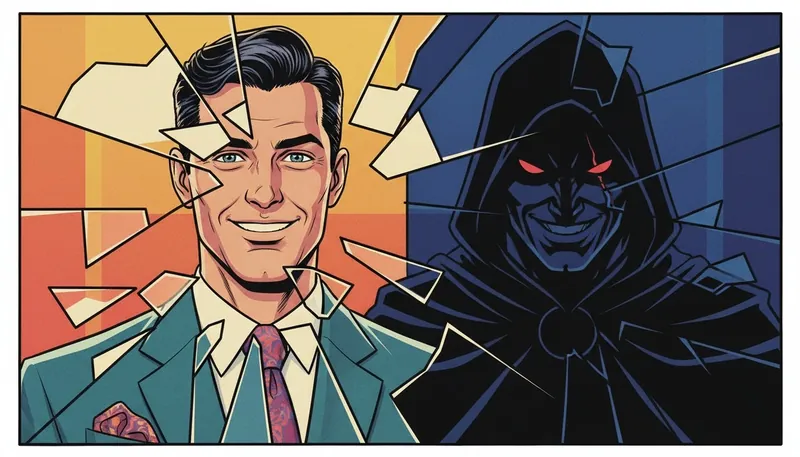 A shattered mirror reflecting the dual nature explored in the psychology of charismatic villains, showing a charming man's face and his manipulative, shadowy true self. filename: psychology-of-charismatic-villains-bestie-ai.webp