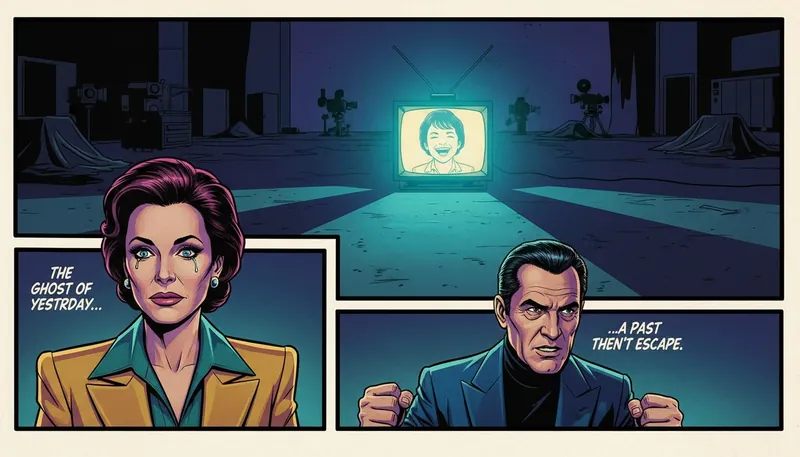 A lone television in a dark studio displays a child actor's face, symbolizing the complex psychology of child actors after fame and the feeling of being trapped by a past role. filename: psychology-of-child-actors-after-fame-bestie-ai.webp