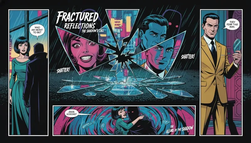 A shattered mirror reflecting fragmented faces, illustrating the complex psychology of Christopher Nolan villains and their connection to our shadow selves. Filename: psychology-of-christopher-nolan-villains-bestie-ai.webp