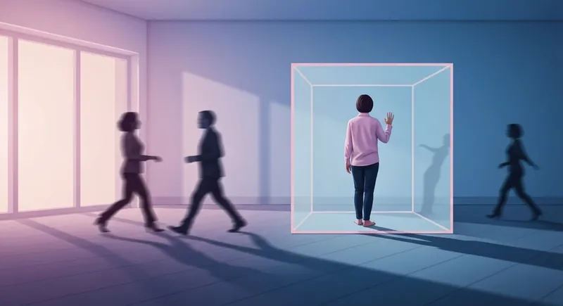 A person experiencing the psychology of conflict avoidance depicted as being frozen in a glass box while others move around them, symbolizing the freeze response during confrontation. psychology-of-conflict-avoidance-bestie-ai.webp