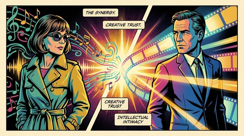 Two abstract figures representing film and music merge in a glowing light, illustrating the deep trust and synergy found in the psychology of creative collaboration. Filename: psychology-of-creative-collaboration-bestie-ai.webp