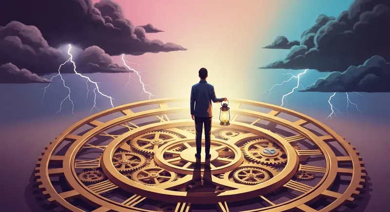 psychology-of-economic-uncertainty-bestie-ai.webp. A person navigating the psychology of economic uncertainty with a lantern amidst symbolic gears and stormy skies.