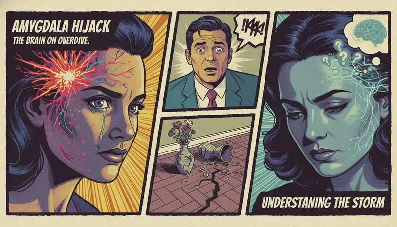 A conceptual image illustrating the psychology of emotional triggers, showing a person's brain with a glowing red spot representing an amygdala hijack. Filename: psychology-of-emotional-triggers-bestie-ai.webp