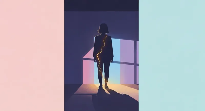 A symbolic representation of the psychology of feeling fundamentally flawed showing a person with a glowing golden core psychology-of-feeling-fundamentally-flawed-bestie-ai.webp