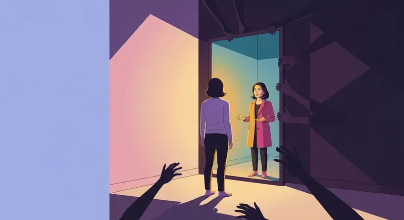 psychology-of-love-bombing-bestie-ai.webp - An artistic representation of the psychology of love bombing showing a distorted, glowing reflection held up by artificial means.