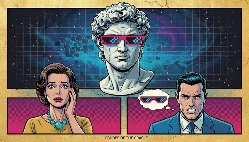 A symbolic image illustrating the psychology of memes and cultural archetypes, showing a classic statue with a digital twist to represent the public vs. private self. File: psychology-of-memes-and-cultural-archetypes-bestie-ai.webp