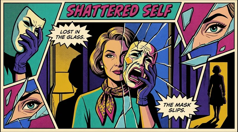 A person examines their reflection in a shattered mirror, symbolizing the complex psychology of method acting and the struggle to separate identity from a role. Filename: psychology-of-method-acting-bestie-ai.webp