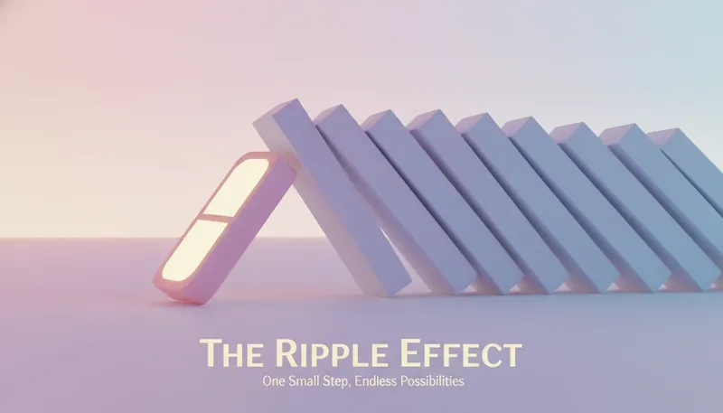 An illustration showing the powerful psychology of momentum in sports, where a single glowing domino starts a chain reaction, symbolizing how one small win can overcome adversity. psychology-of-momentum-in-sports-bestie-ai.webp