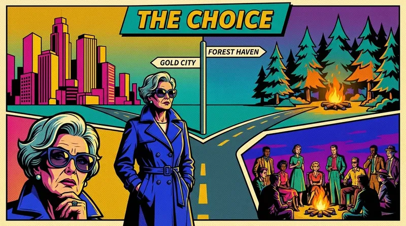 A person choosing a path of community over material wealth, illustrating the core concepts of the psychology of money and happiness. Filename: psychology-of-money-and-happiness-bestie-ai.webp