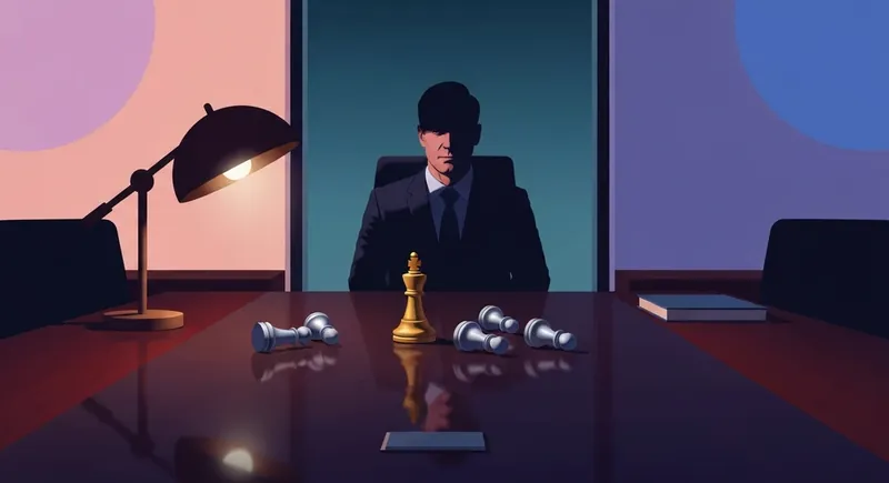 The psychology of narcissistic leaders illustrated by a lone figure at a dark boardroom table with symbolic chess pieces. psychology-of-narcissistic-leaders-bestie-ai.webp