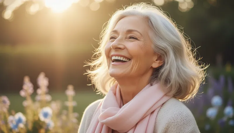 An image illustrating the psychology of optimism and happiness, showing a joyful older woman who embodies the 'Goldie Hawn effect' of finding authentic joy at any age. psychology-of-optimism-and-happiness-bestie-ai.webp