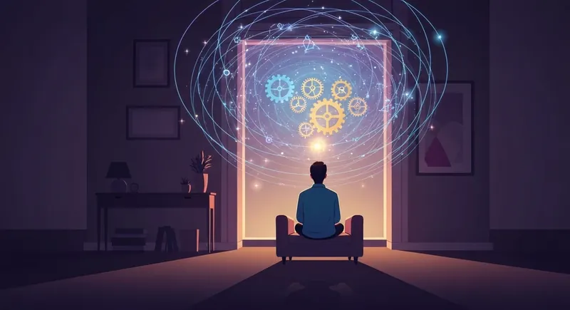 A visual representation of the psychology of overthinking showing a person with a glowing, complex mental nebula above their head in a quiet room, styled for bestie-ai.webp