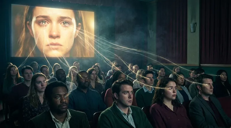 A symbolic image representing the psychology of parasocial relationships, showing an audience connected to the on-screen image of a rising star like Nell Fisher. Filename: psychology-of-parasocial-relationships-nell-fisher-bestie-ai.webp