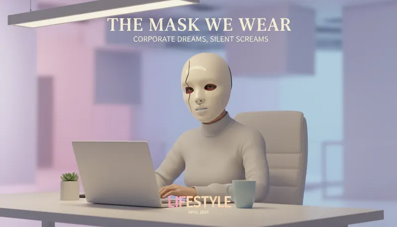 An office worker wearing a calm mask that is cracking, illustrating the hidden stress behind the psychology of performative work. Filename: psychology-of-performative-work-bestie-ai.webp
