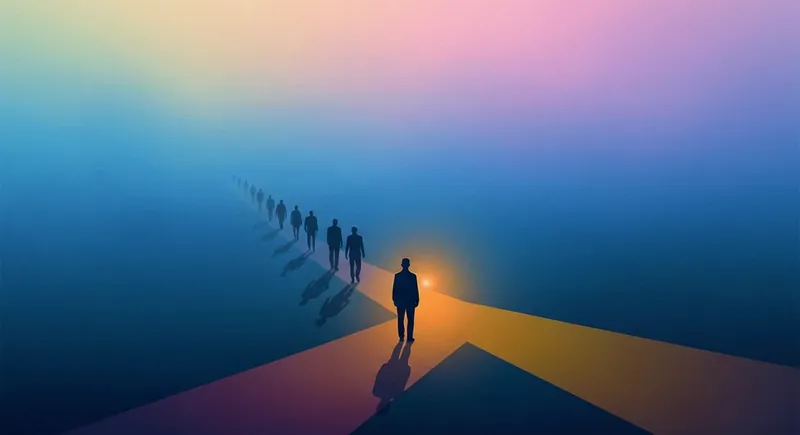 psychology-of-political-identity-shift-bestie-ai.webp. An evocative digital painting illustrating the psychology of political identity shift through a person at a crossroads choosing their own path.