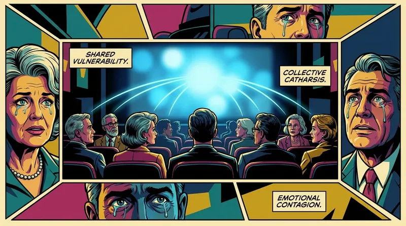 A group of people in a dark room illuminated by a bright screen, their faces showing deep emotion, representing the profound psychology of shared emotional experiences. Filename: psychology-of-shared-emotional-experiences-bestie-ai.webp