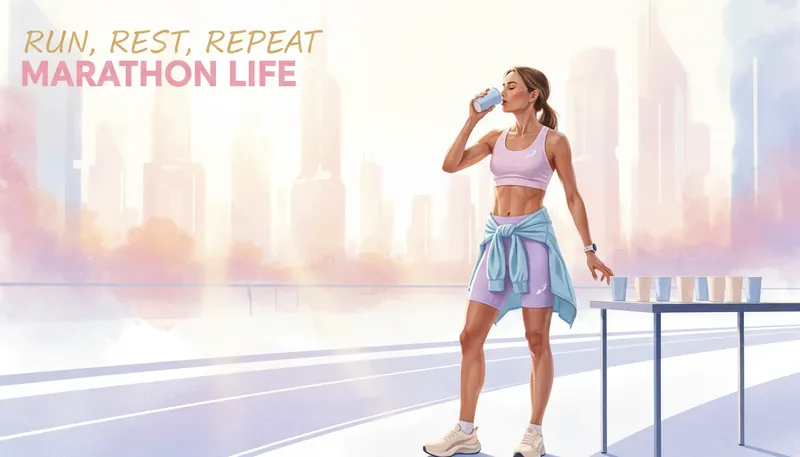 An image illustrating the psychology of sustainable high performance, showing a marathon runner strategically resting at a water station to prevent burnout. psychology-of-sustainable-high-performance-bestie-ai.webp