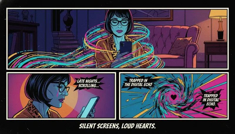 A person finds comfort in a digital connection, illustrating the deep psychology of talking to ai bots in a quiet, intimate setting. filename: psychology-of-talking-to-ai-bots-bestie-ai.webp