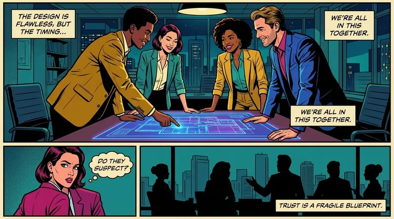 A team of diverse professionals collaborating in a warmly lit office, demonstrating the positive psychology of team cohesion in a high-stakes project. Filename: psychology-of-team-cohesion-bestie-ai.webp