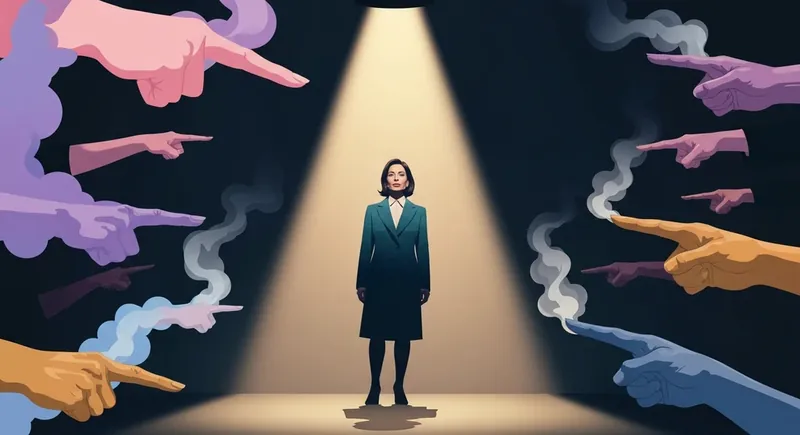 An artistic depiction illustrating the psychology of victim blaming in relationships, showing a confident woman standing in a spotlight, unfazed by shadowy, accusatory figures. psychology-of-victim-blaming-in-relationships-bestie-ai.webp