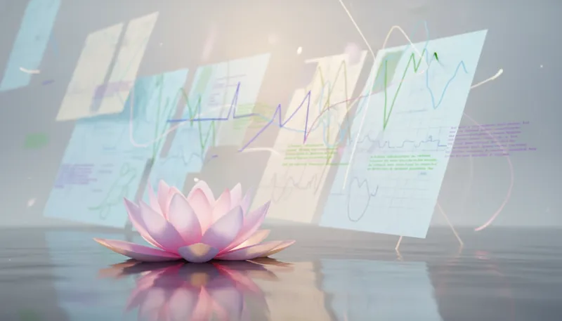 A glowing lotus on dark water representing the allure of the psychology of wellness industry, with complex charts in the background symbolizing the science and pseudoscience behind it. psychology-of-wellness-industry-goop-bestie-ai.webp