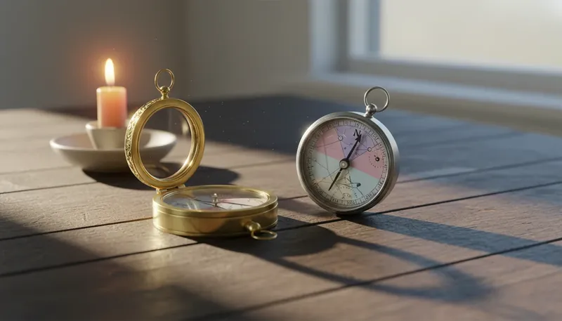 Two compasses on a table symbolizing a couple using deep questions about values to ask your partner to see if their life directions align. filename: questions-about-values-to-ask-your-partner-bestie-ai.webp