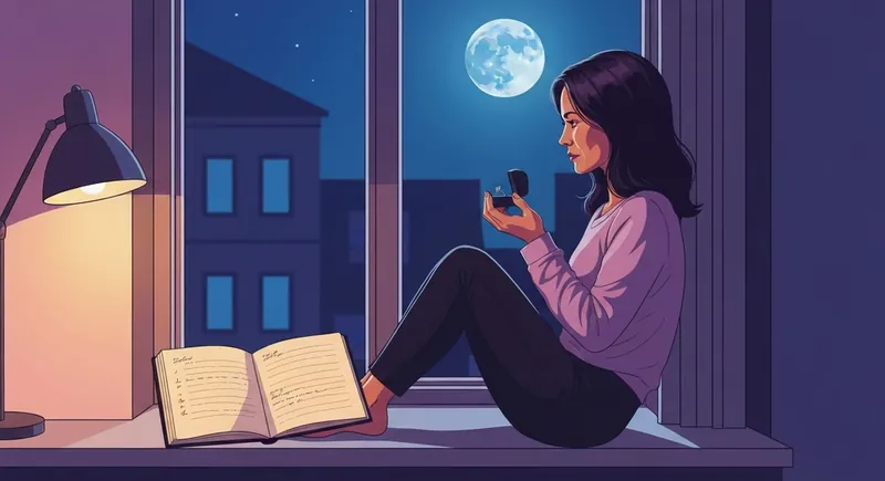 questions-to-ask-before-marriage-bestie-ai.webp: A woman reflecting on important questions to ask before marriage while sitting by a window at night.