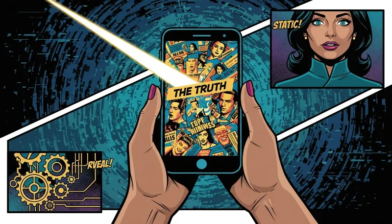 A visual representation of the Rachael Carpani son arrested hoax, showing a phone with jumbled headlines being clarified by a beam of truth, symbolizing the importance of media literacy. Filename: rachael-carpani-son-arrested-hoax-bestie-ai.webp