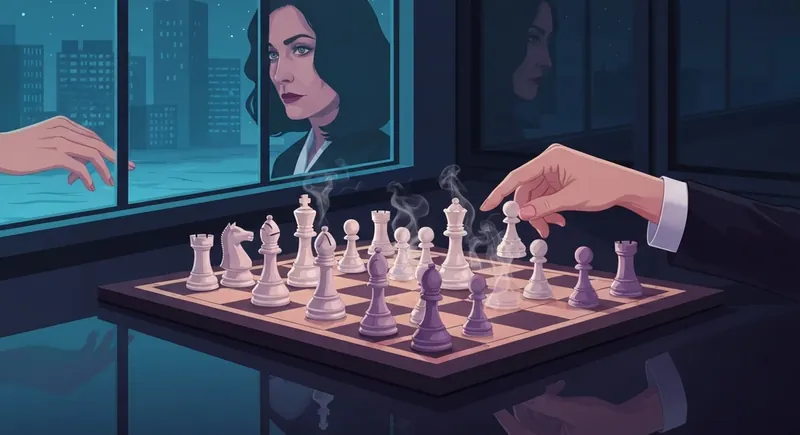 A symbolic representation of recognizing manipulative power tactics showing a strategic chess game in a dark office, bestie-ai.webp