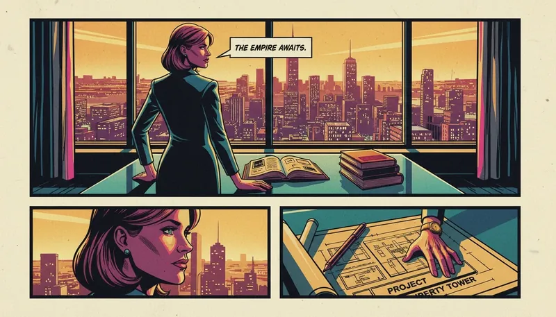 A symbolic image representing the strategic thinking behind the Reese Witherspoon net worth story, showing a powerful woman planning her empire from an office overlooking a city. filename: reese-witherspoon-net-worth-empire-bestie-ai.webp