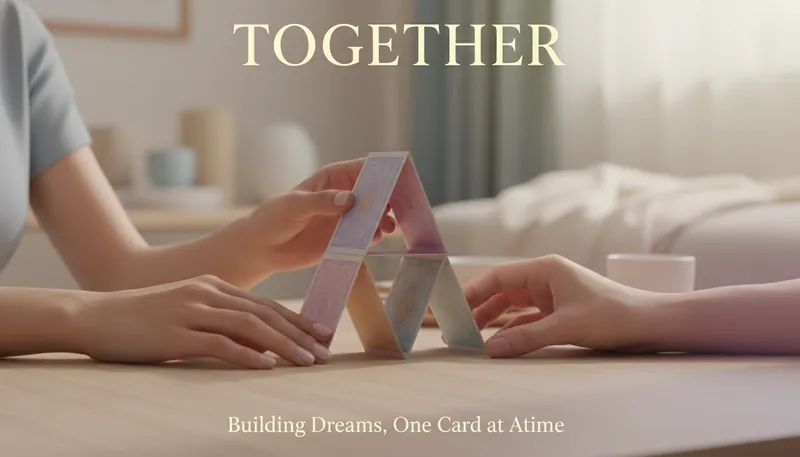 A close-up of two pairs of hands using relationship check in questions for couples to carefully build a stronger connection, symbolized by a delicate house of cards. Filename: relationship-check-in-questions-for-couples-bestie-ai.webp