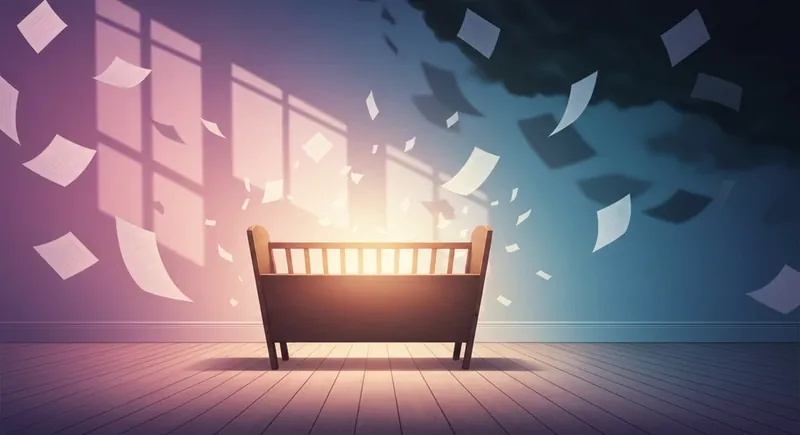 A symbolic image representing hope and stability amidst relationship drama during pregnancy, with a glowing cradle providing light in a stormy room. filename: relationship-drama-pregnancy-bestie-ai.webp