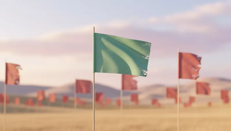 A symbolic image showing how to spot relationship red flags cheating warning signs by focusing on one healthy green flag in a field of red ones. filename: relationship-red-flags-cheating-lessons-bestie-ai.webp