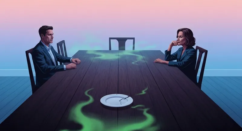 marriage-resentment-bestie-ai.webp - A conceptual image representing marriage resentment through a distant couple and a cold, fractured domestic setting.