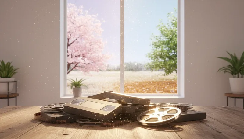 A contemplative image showing film reels and a shifting landscape, representing the passage of time in the films of Richard Linklater. File name: richard-linklater-philosophy-of-time-bestie-ai.webp