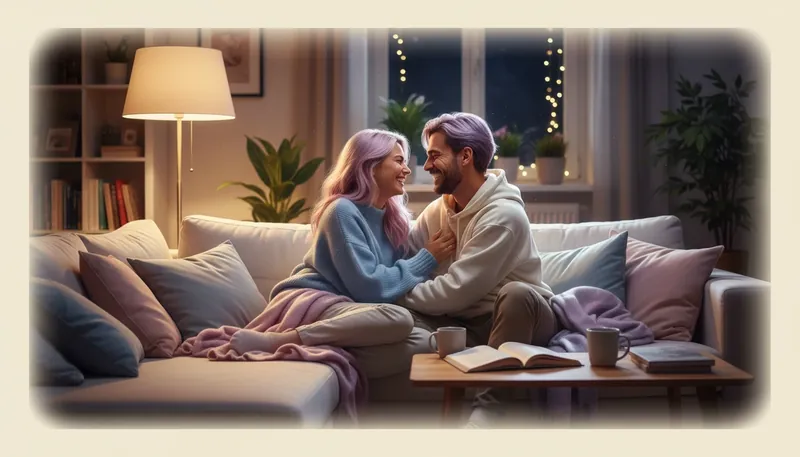 An image illustrating the core of the Ryan Reynolds and Blake Lively relationship psychology: a couple sharing a moment of genuine, private laughter in a cozy setting, demonstrating the power of humor in a strong partnership. Filename: ryan-reynolds-blake-lively-relationship-psychology-bestie-ai.webp