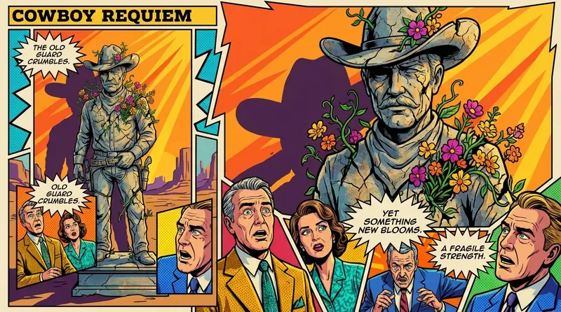 A stoic cowboy statue with flowers growing from its stone cracks, representing the modern definition of masculinity which blends traditional strength with vulnerability. sam-elliott-modern-definition-of-masculinity-bestie-ai.webp