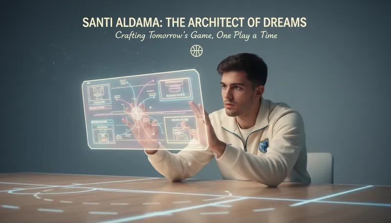 A focused Santi Aldama studies a holographic blueprint on a court, illustrating his commitment to unlocking his future potential. Filename: santi-aldama-future-potential-bestie-ai.webp