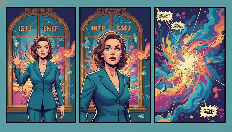 A person reflects on the scientific validity of Myers-Briggs, looking through a fractured four-letter framework to a more complex reality beyond. filename: scientific-validity-of-myers-briggs-bestie-ai.webp