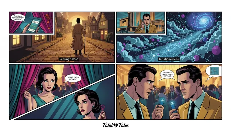 A symbolic representation of the Sensing vs Intuition dichotomy, showing a person choosing between a hyper-detailed, concrete path and an abstract, conceptual one. Filename: sensing-vs-intuition-cognitive-functions-explained-bestie-ai.webp