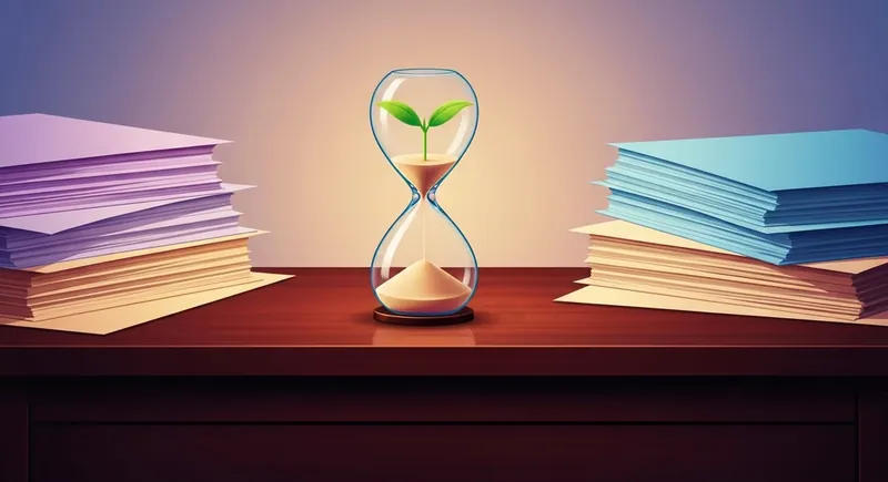 A symbolic representation of setting boundaries at work examples showing an hourglass with a green sprout inside on a busy desk setting-boundaries-at-work-examples-bestie-ai.webp