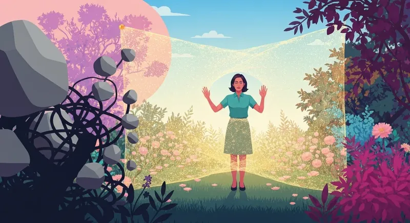 setting-boundaries-for-emotional-labor-bestie-ai.webp - A woman creating a symbolic barrier of light to protect her energy and reclaim her life.