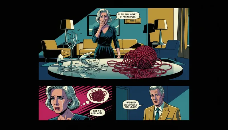 A symbolic image comparing a short marriage vs long term relationship breakup, represented by a shattered champagne glass next to an unraveled ball of yarn, illustrating different types of heartbreak. filename: short-marriage-vs-long-term-relationship-breakup-bestie-ai.webp