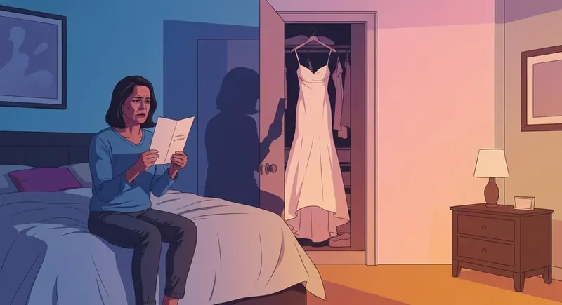 A person reflecting on should i get married if i have doubts while looking at a wedding invitation in a dark room. should-i-get-married-if-i-have-doubts-bestie-ai.webp