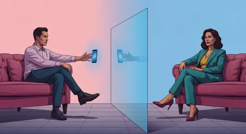 signs-of-an-emotionally-unavailable-person-bestie-ai.webp. A symbolic representation of the signs of an emotionally unavailable person showing physical and emotional distance between a couple.